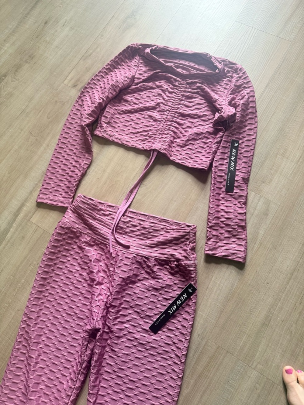 Pink Textured Two-Piece Crop Top & High-Waist Leggings Set